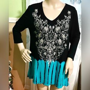 Laura Ashley Black and Blue turquoise Patterned Tunic gray sparkles jersey SZ L